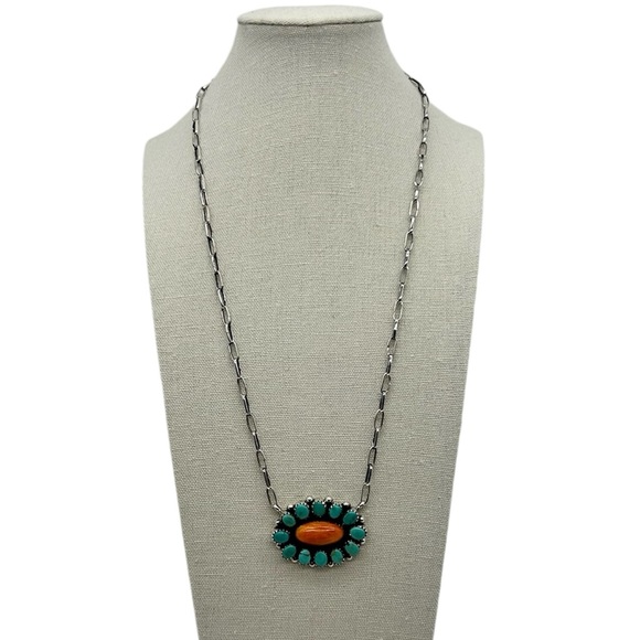 925 Sterling Silver Natural Spiny Oyster & Kingman Turquoise Cluster Necklace - Picture 5 of 7